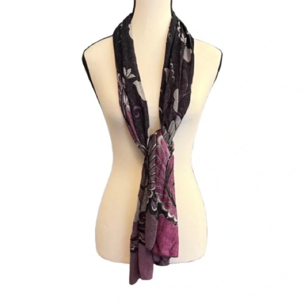 Reversible Purple & Black Floral Scarf – 14” x 60” Lightweight Day to Night